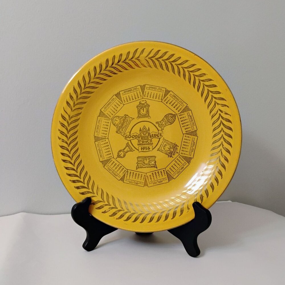 Yellow Fiestaware Fiesta 1955 Calendar Plate, Vintage Ceramic Gold Good Luck 10"